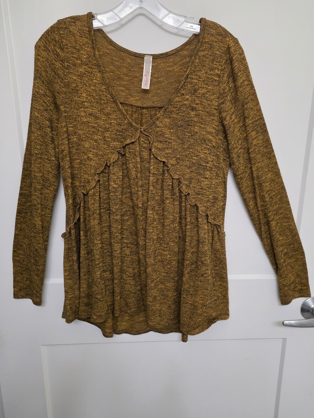 My Story Women’s Long Sleeve Ruffle-Trim Knit Top - Mustard Color
